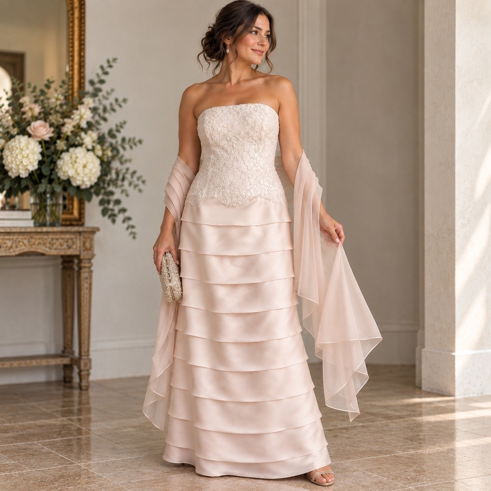 Rickie Freeman Teri John Strapless Gown S8 Blush Lace Sequin Tiered 100% Silk